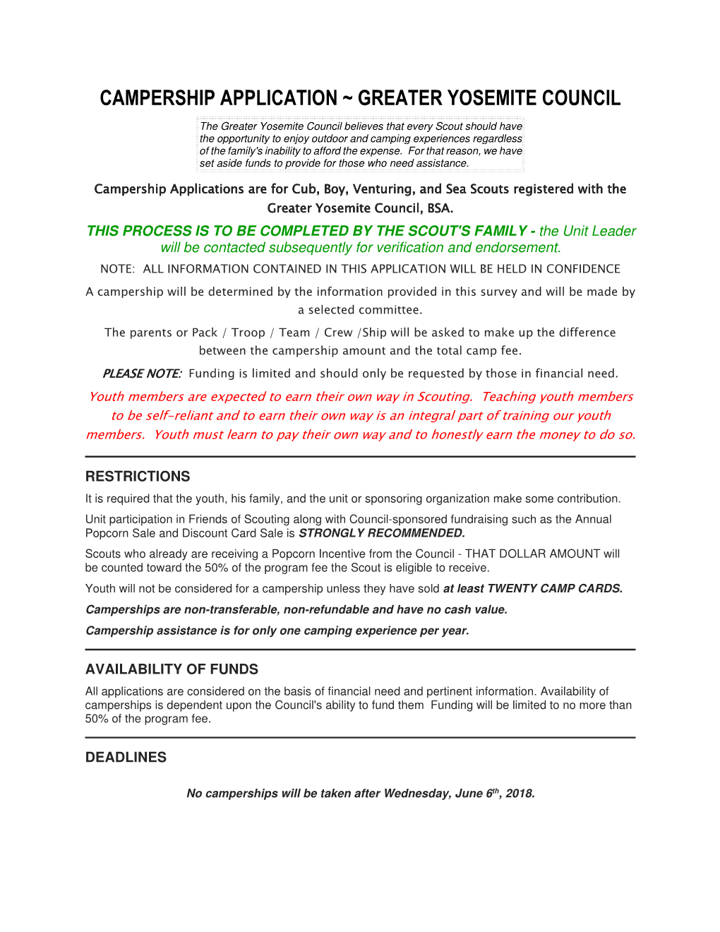 Campership Application ~ Greater Yosemite Council