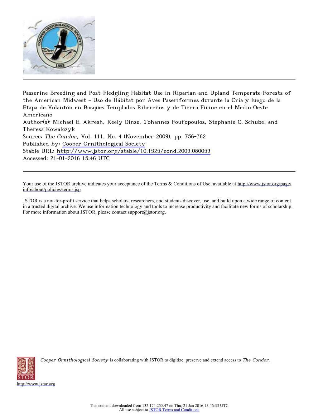 Passerine Breeding and Post-Fledgling Habitat Use In