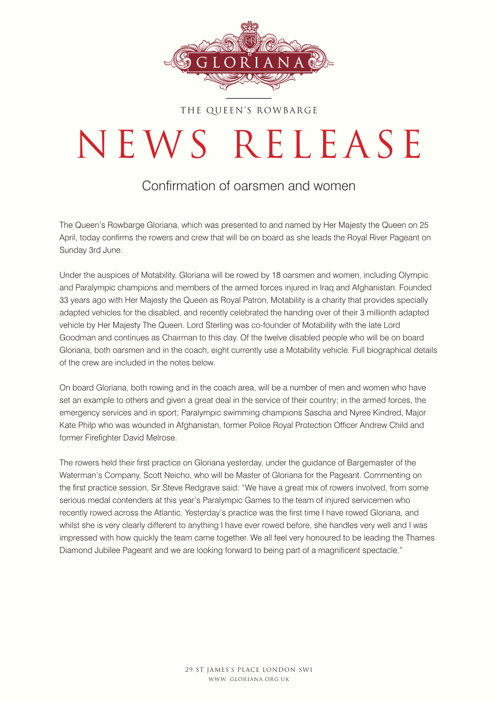 NEWS RELEASE Confirmation of Oarsmen and Women