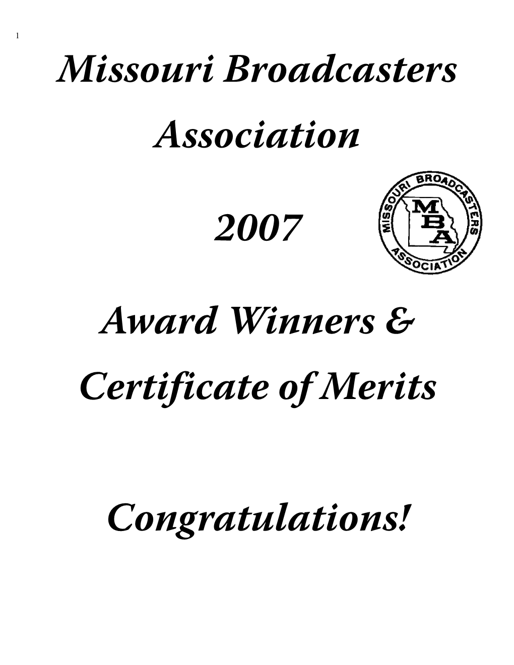 Missouri Broadcasters Association 2007 Award Winners & Certificate