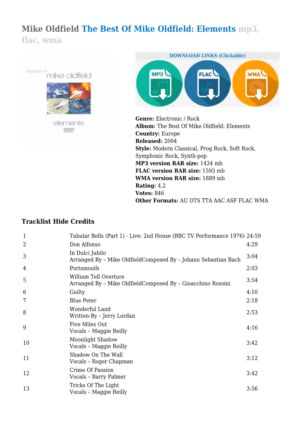 Mike Oldfield the Best of Mike Oldfield: Elements Mp3, Flac, Wma