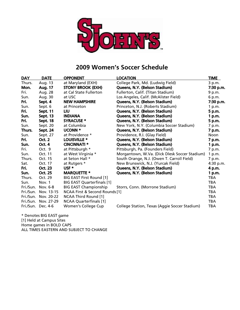 2009 Women's Soccer Schedule