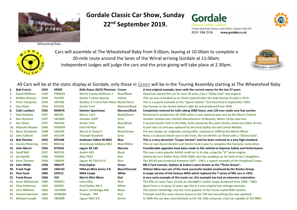 Gordale Classic Car Show, Sunday 22Nd September 2019