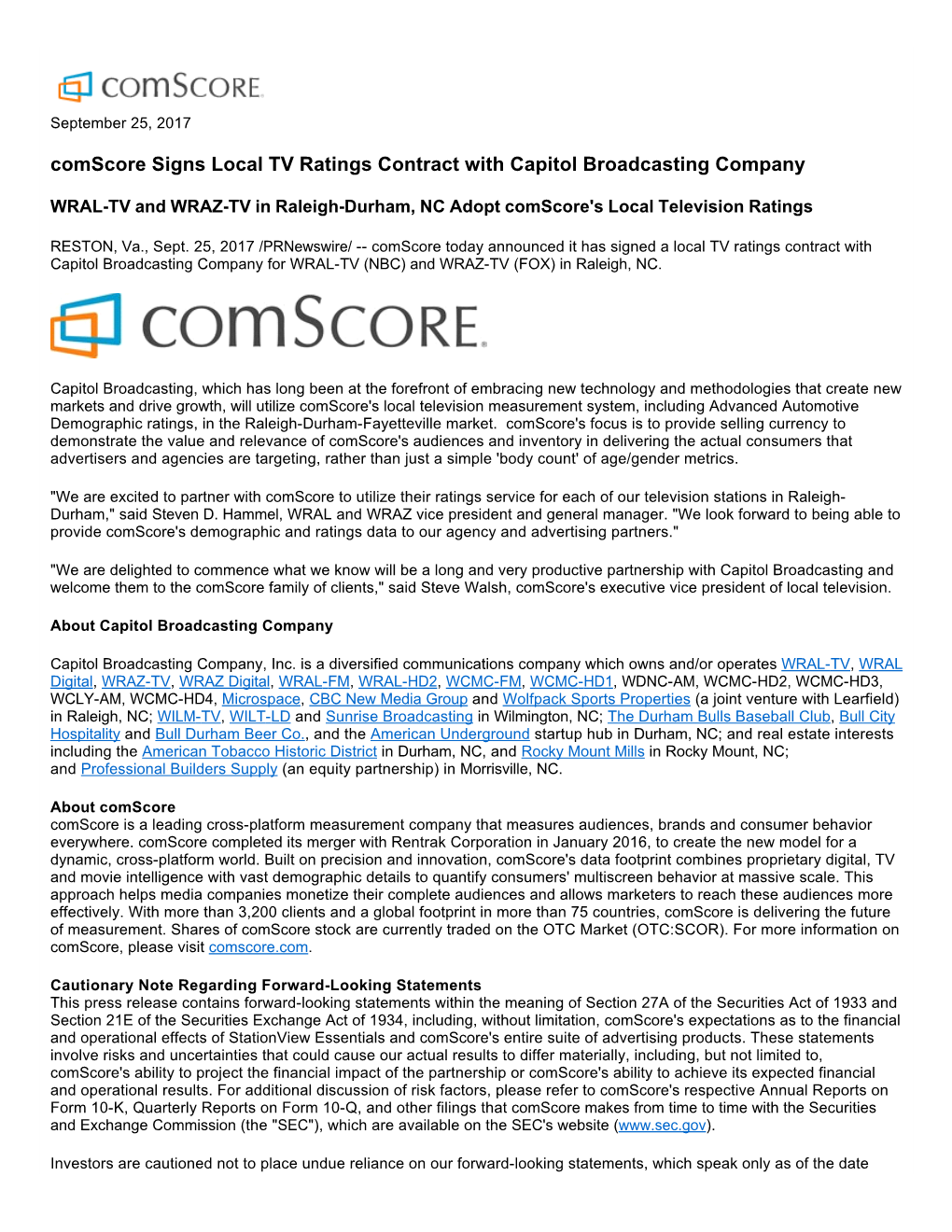 Comscore Signs Local TV Ratings Contract with Capitol Broadcasting Company