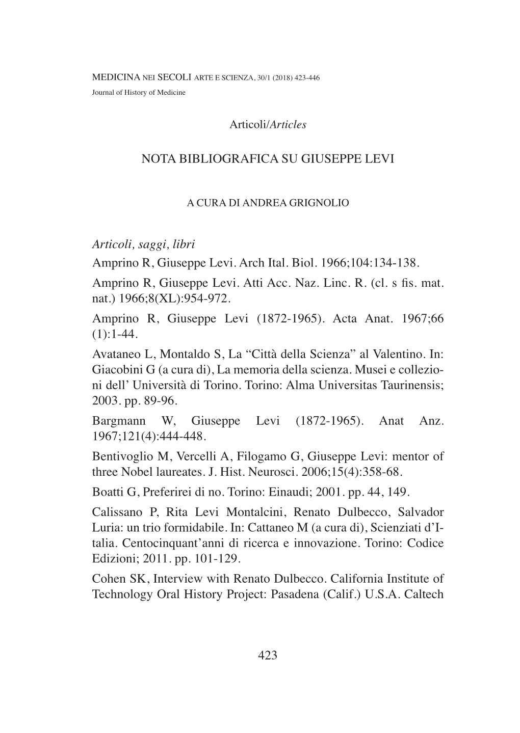 423 NOTA BIBLIOGRAFICA SU GIUSEPPE LEVI Articoli, Saggi, Libri