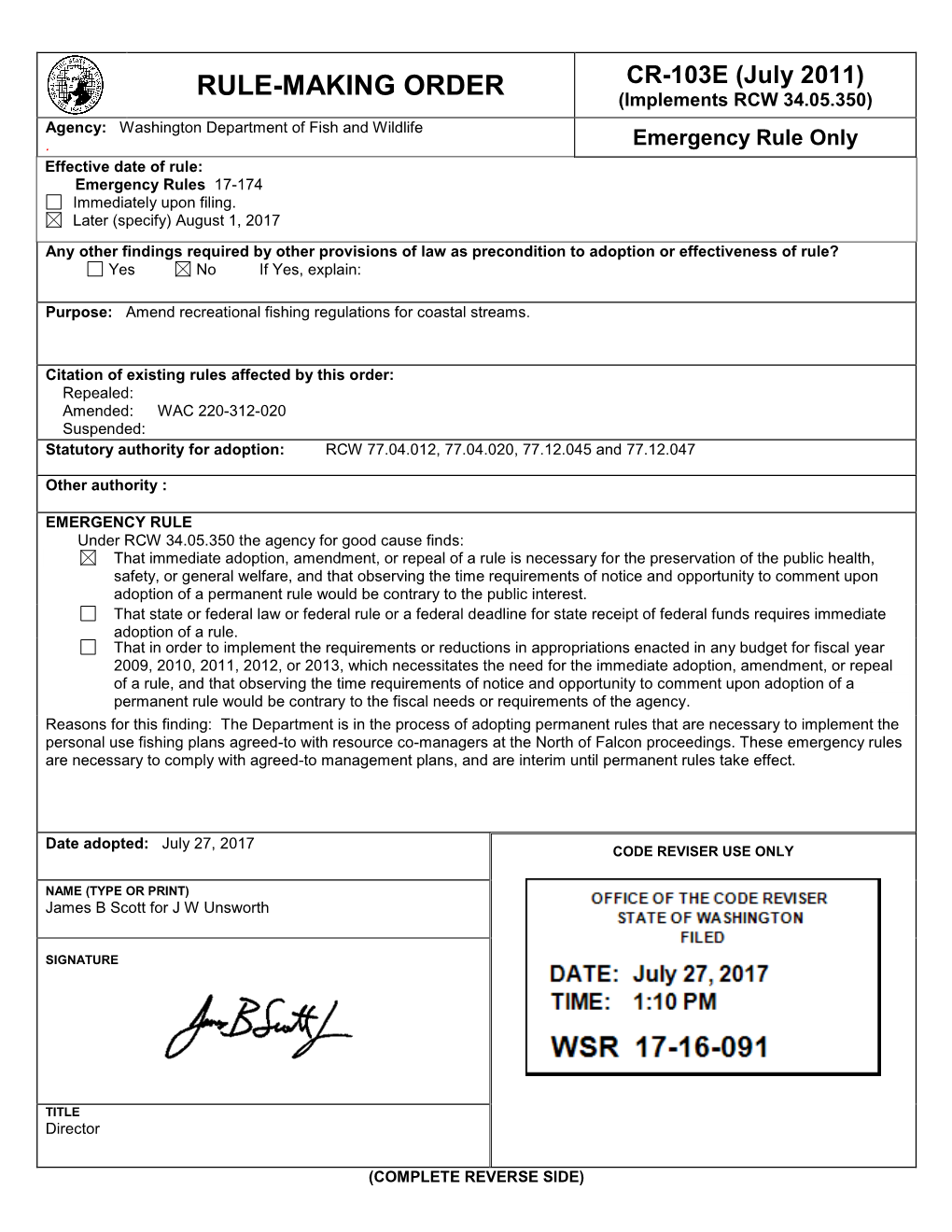 RULE-MAKING ORDER CR-103E (July 2011) (Implements RCW 34.05.350)