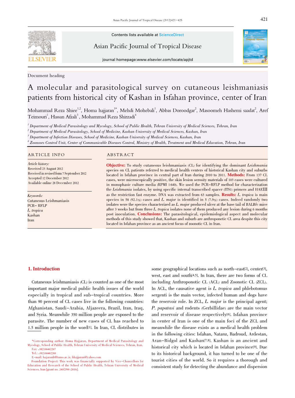 A Molecular and Parasitological Survey on Cutaneous Leishmaniasis Patients from Historical City of Kashan in Isfahan Province, Center of Iran