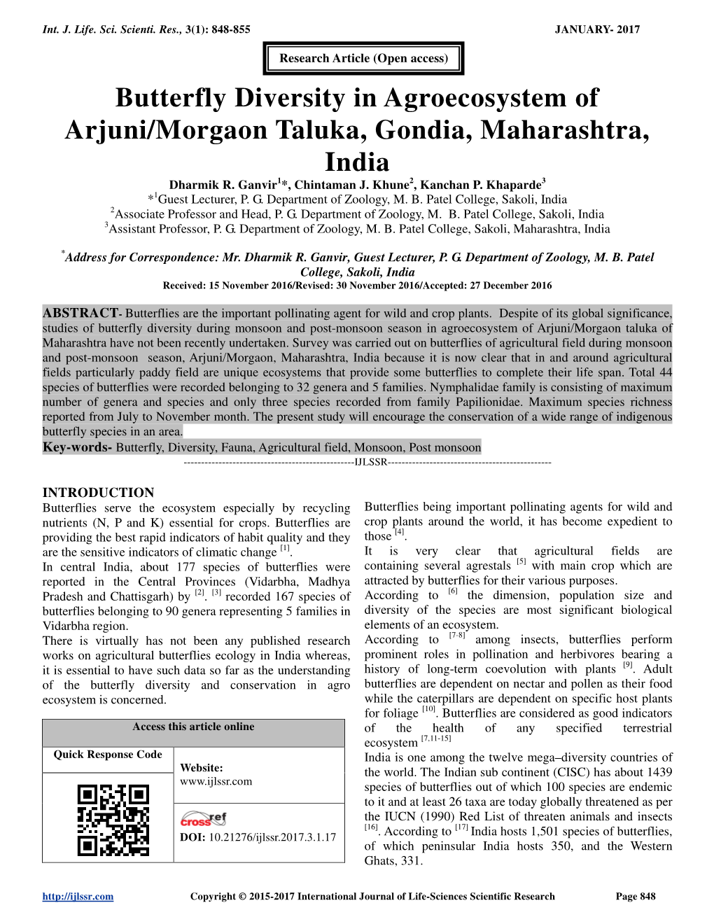 Butterfly Diversity in Agroecosystem of Arjuni/Morgaon Taluka, Gondia, Maharashtra, India Dharmik R