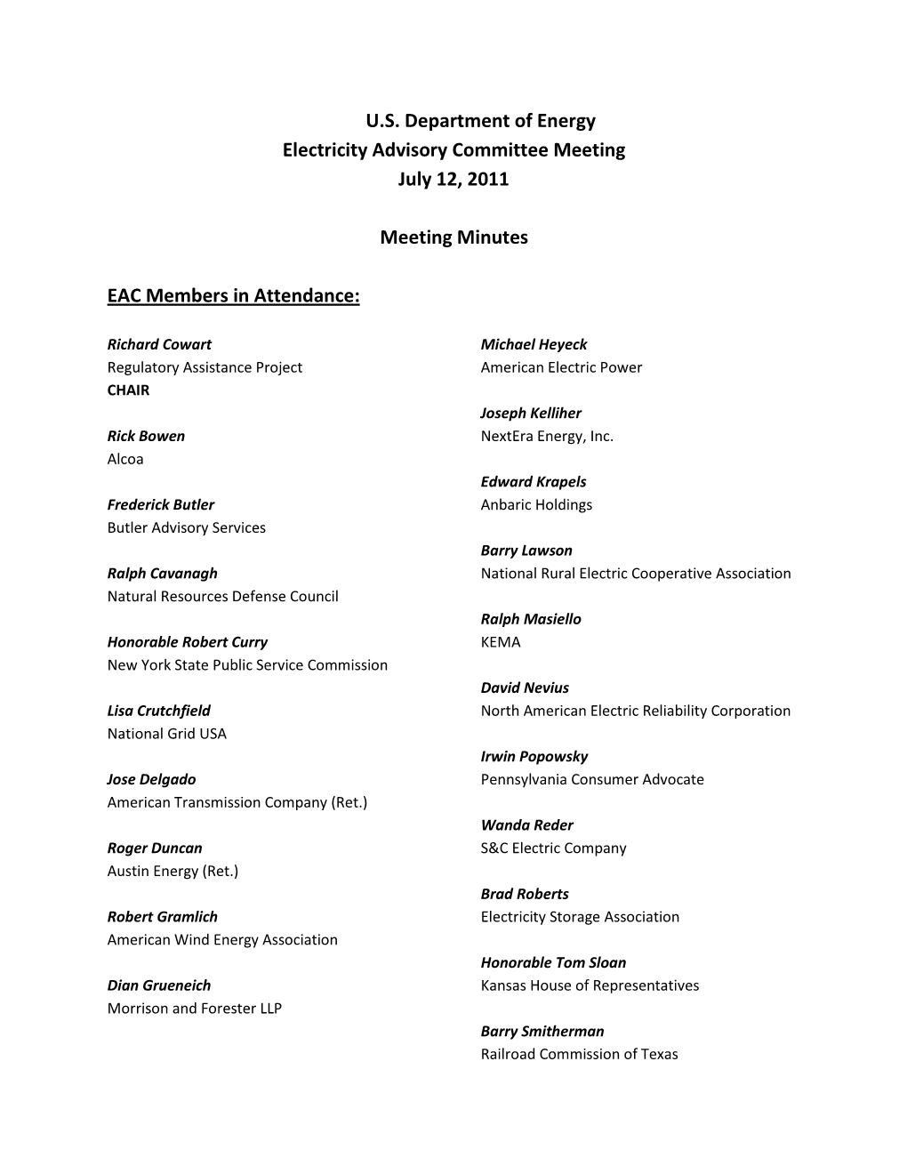 U.S. Department of Energy Electricity Advisory Committee Meeting July 12, 2011