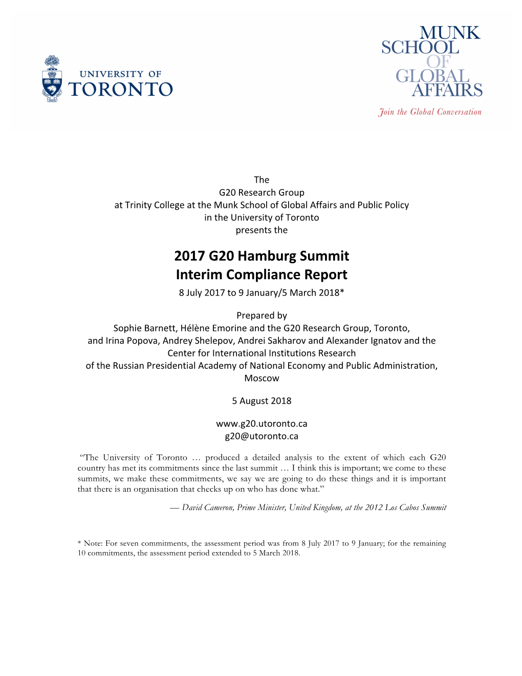 2017 G20 Hamburg Summit Interim Compliance Report 8 July 2017 to 9 January/5 March 2018*