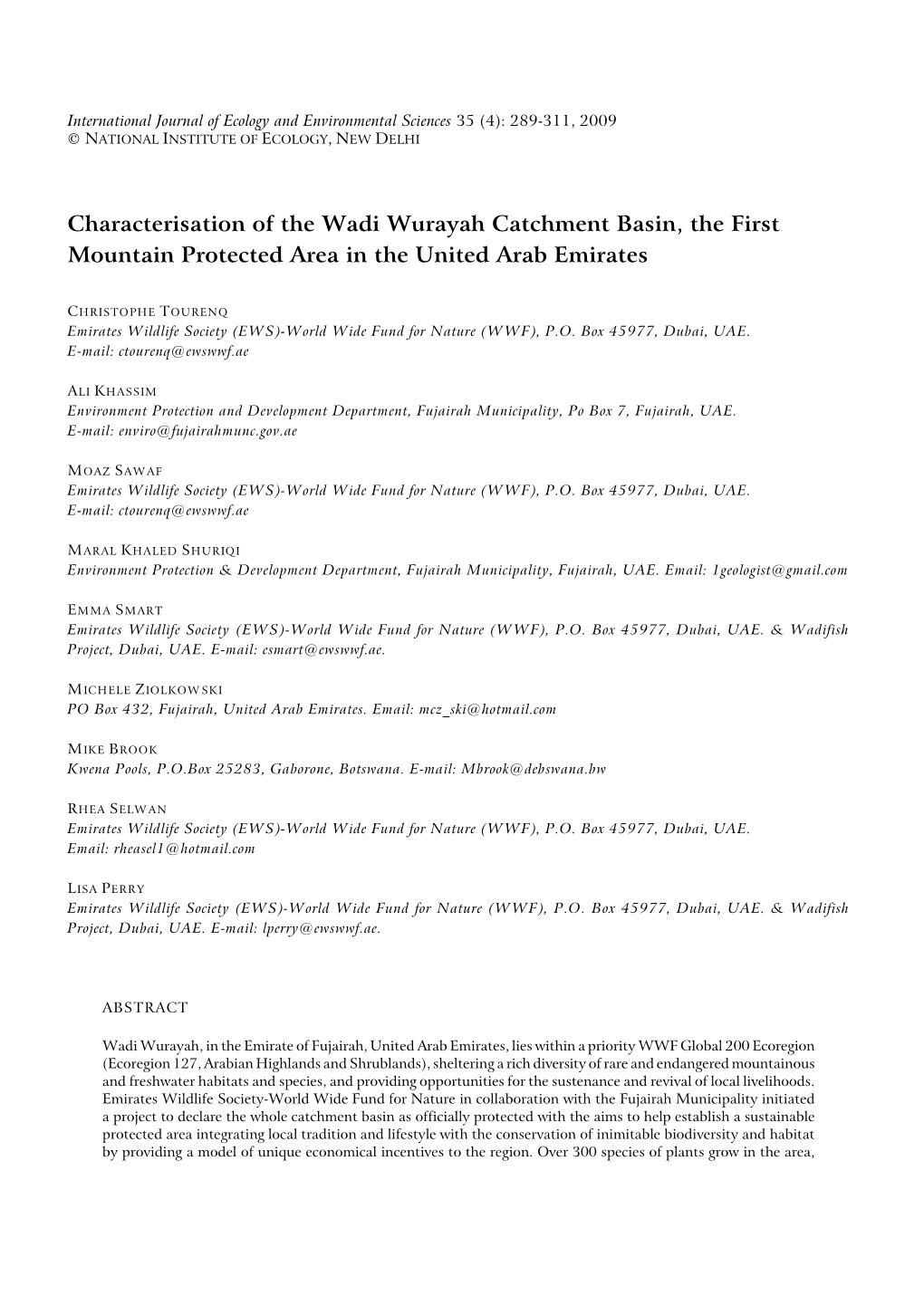 Characterisation of the Wadi Wurayah Catchment Basin, the First Mountain Protected Area in the United Arab Emirates