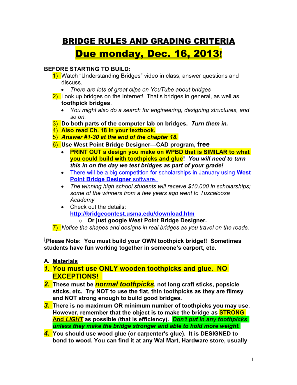 Bridge Rules and Grading Criteria