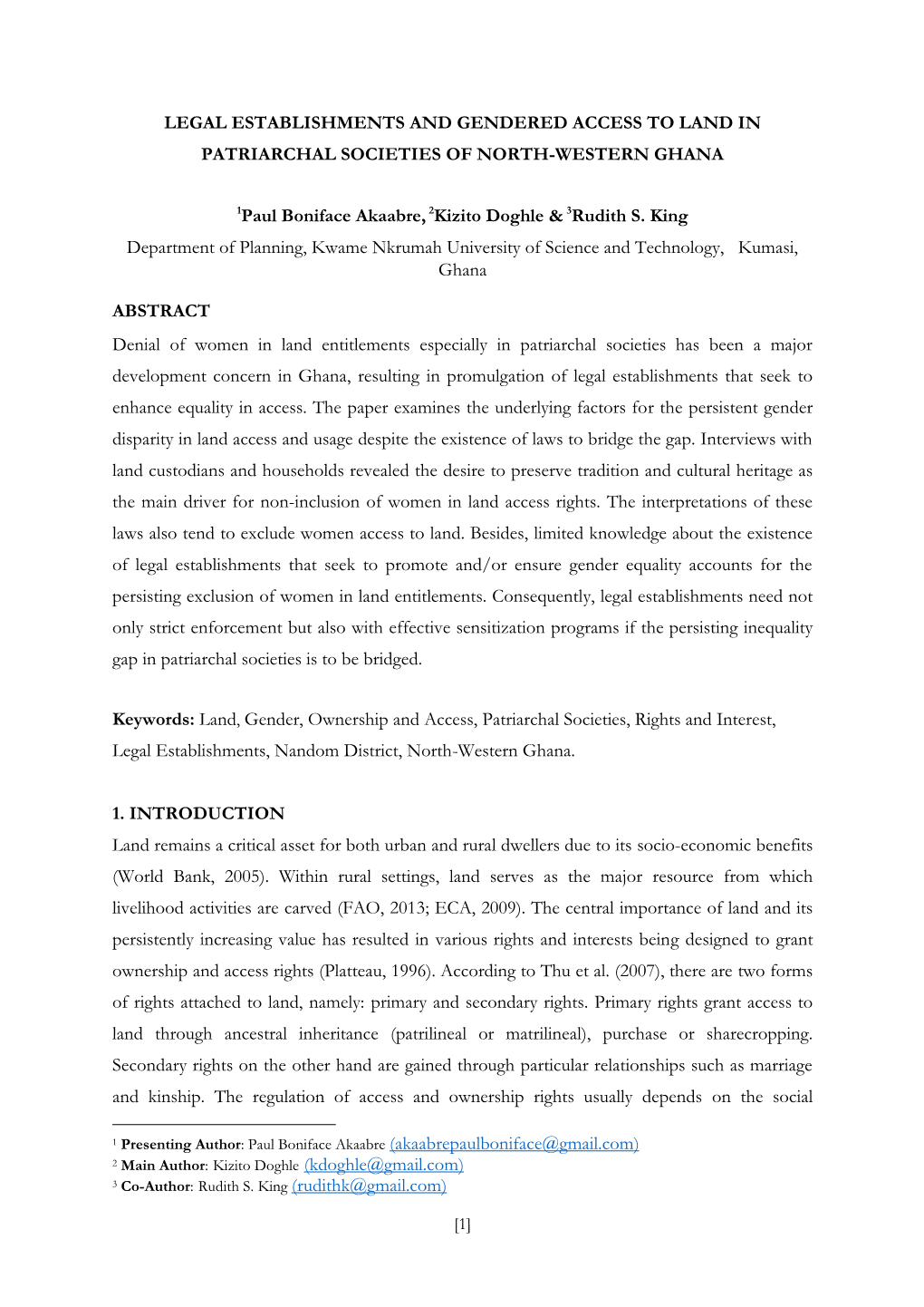 Legal Establishments and Gendered Access to Land in Patriarchal Societies of North-Western Ghana