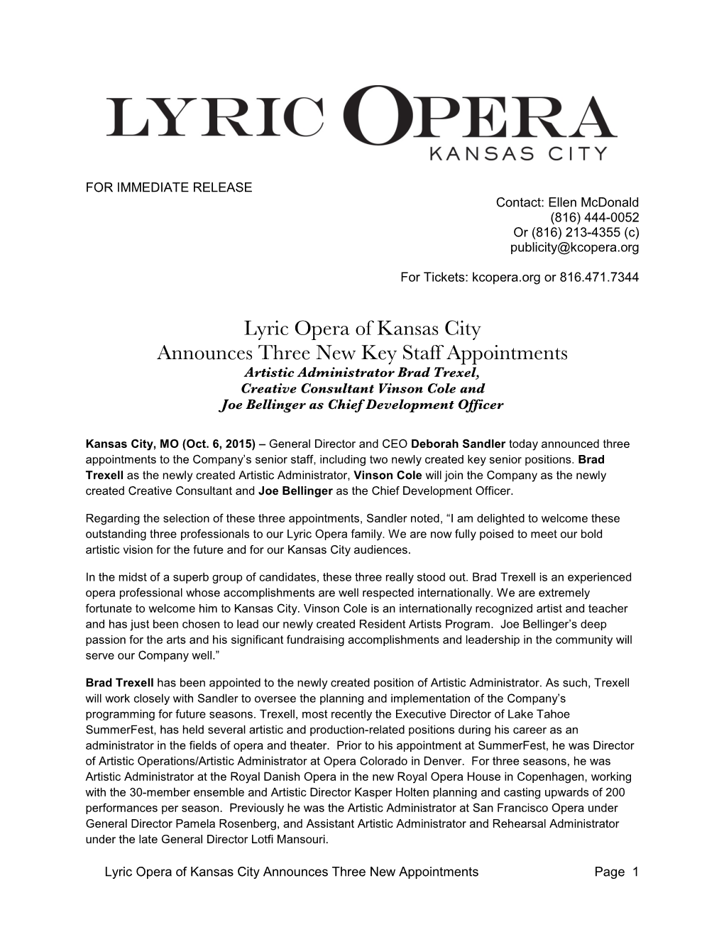 Lyric Opera of Kansas City Announces Three New Key Staff Appointments