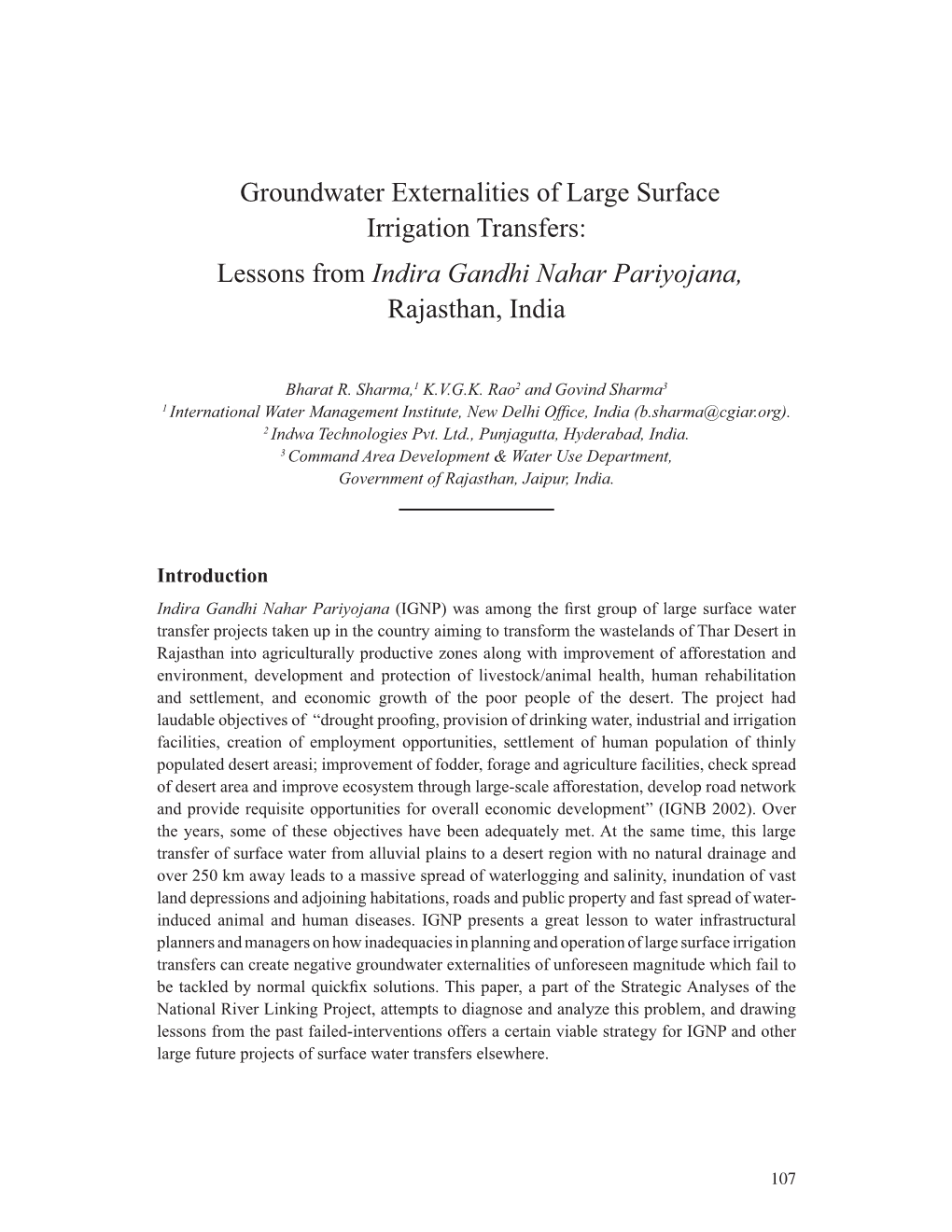 Groundwater Externalities of Large Surface Irrigation Transfers: Lessons from Indira Gandhi Nahar Pariyojana, Rajasthan, India