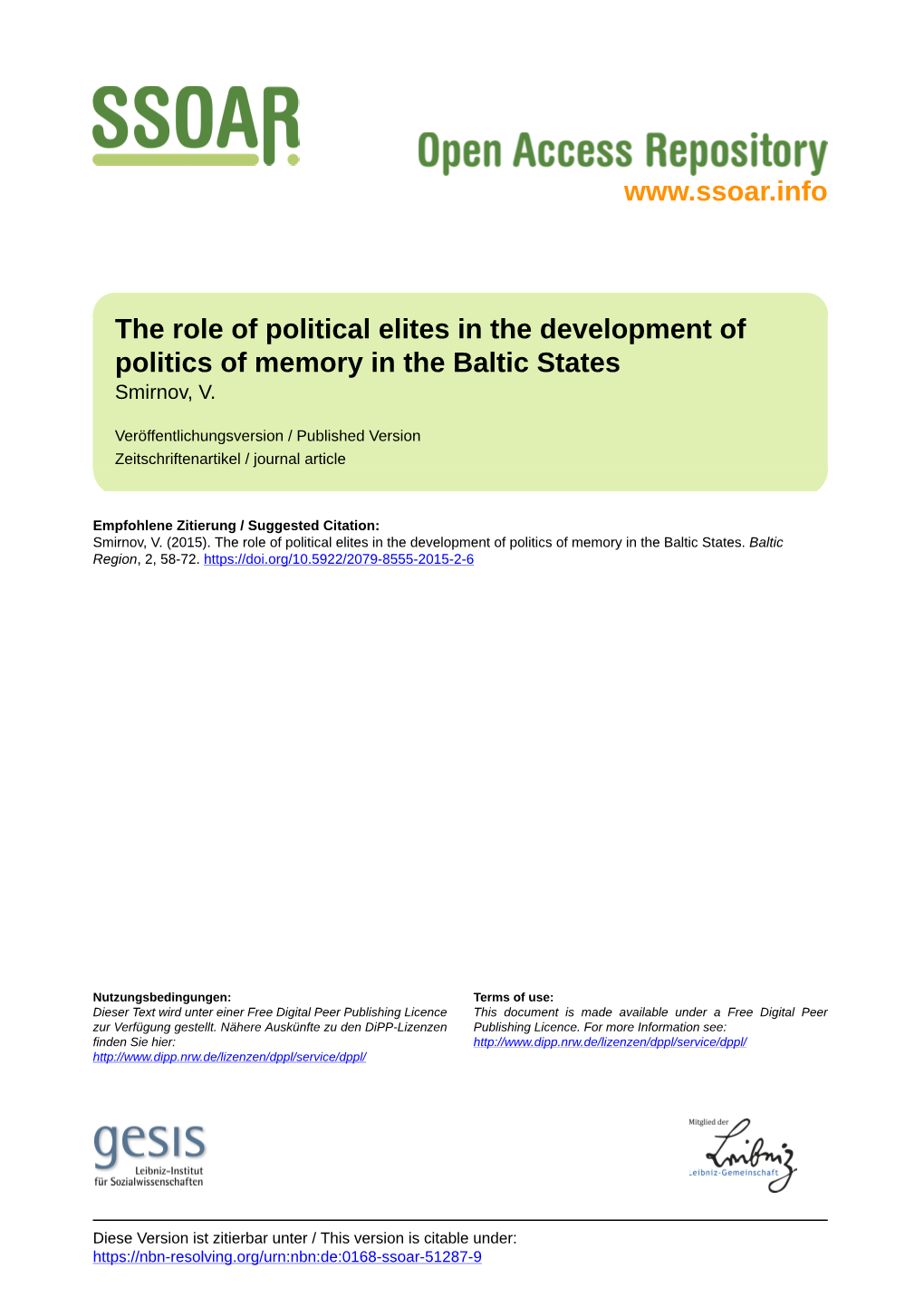 The Role of Political Elites in the Development of Politics of Memory in the Baltic States Smirnov, V