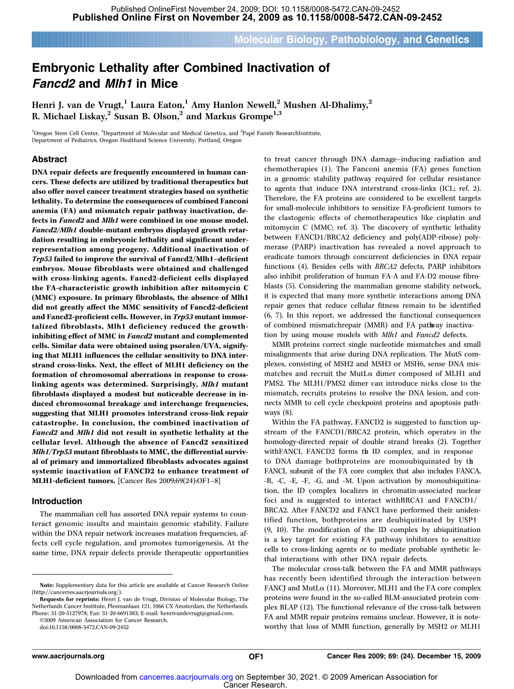 Embryonic Lethality After Combined Inactivation of Fancd2 and Mlh1 in Mice