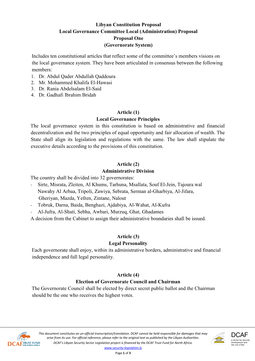 Libyan Constitution Proposal Local Governance Committee Local (Administration) Proposal Proposal One (Governorate System)