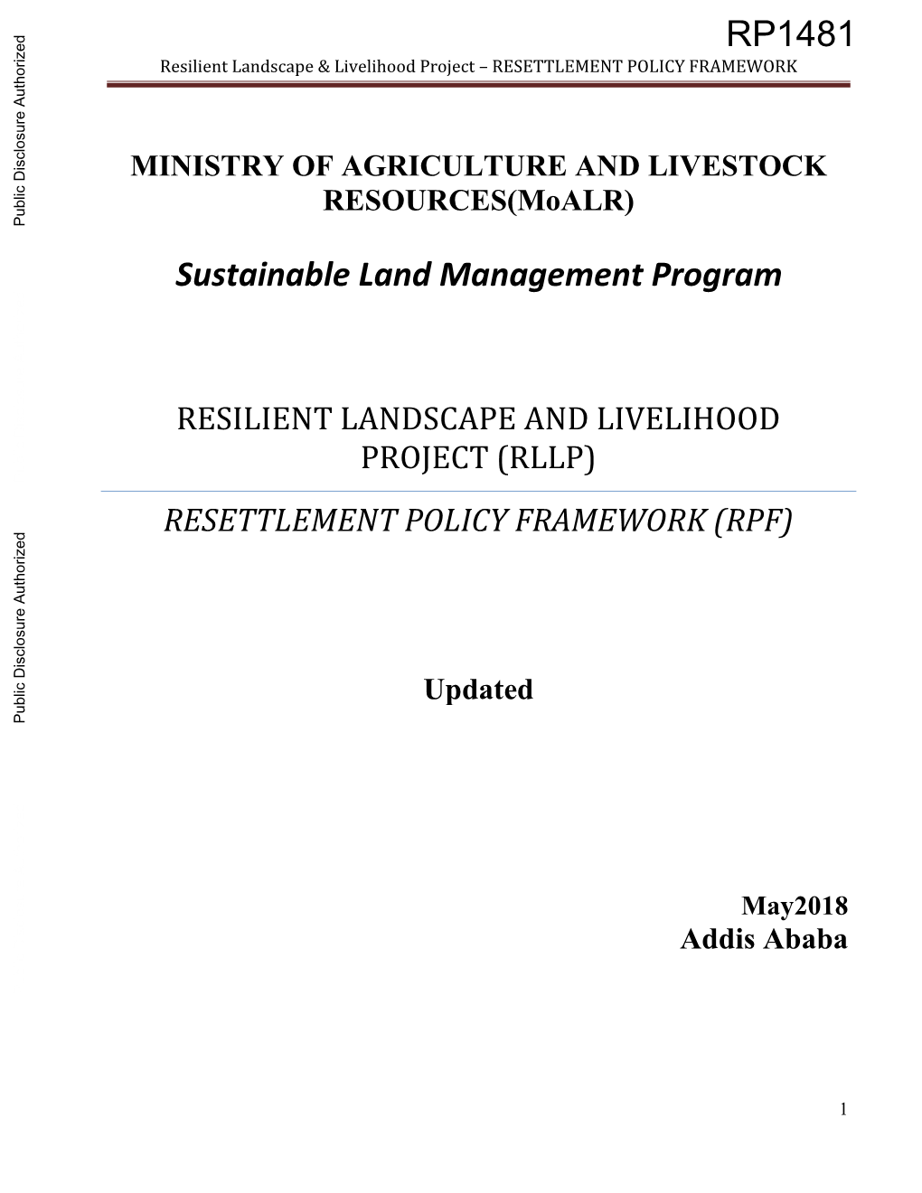 Resilient Landscapes and Livelihoods Project : Resettlement Plan