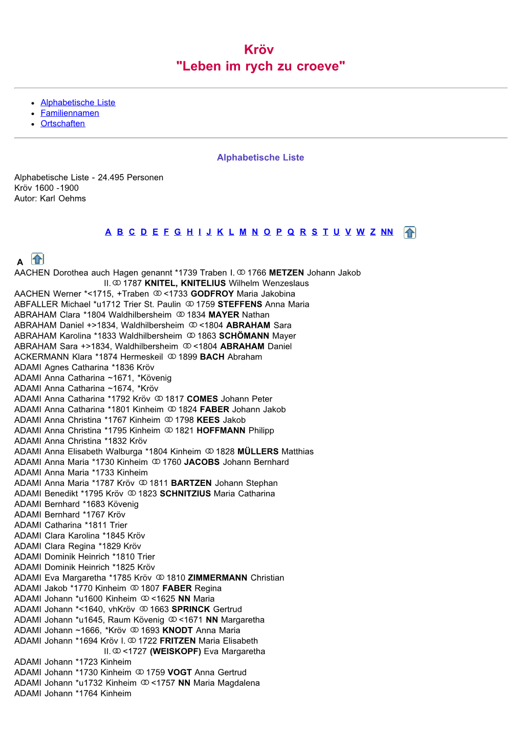 ABC-Listen Zum Familienbuch Kröv 1600-1900