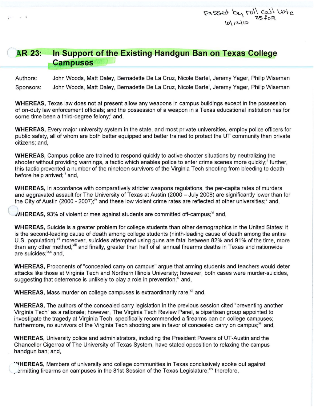 ( R 23: in Support of the Existing Handgun Ban on Texas College