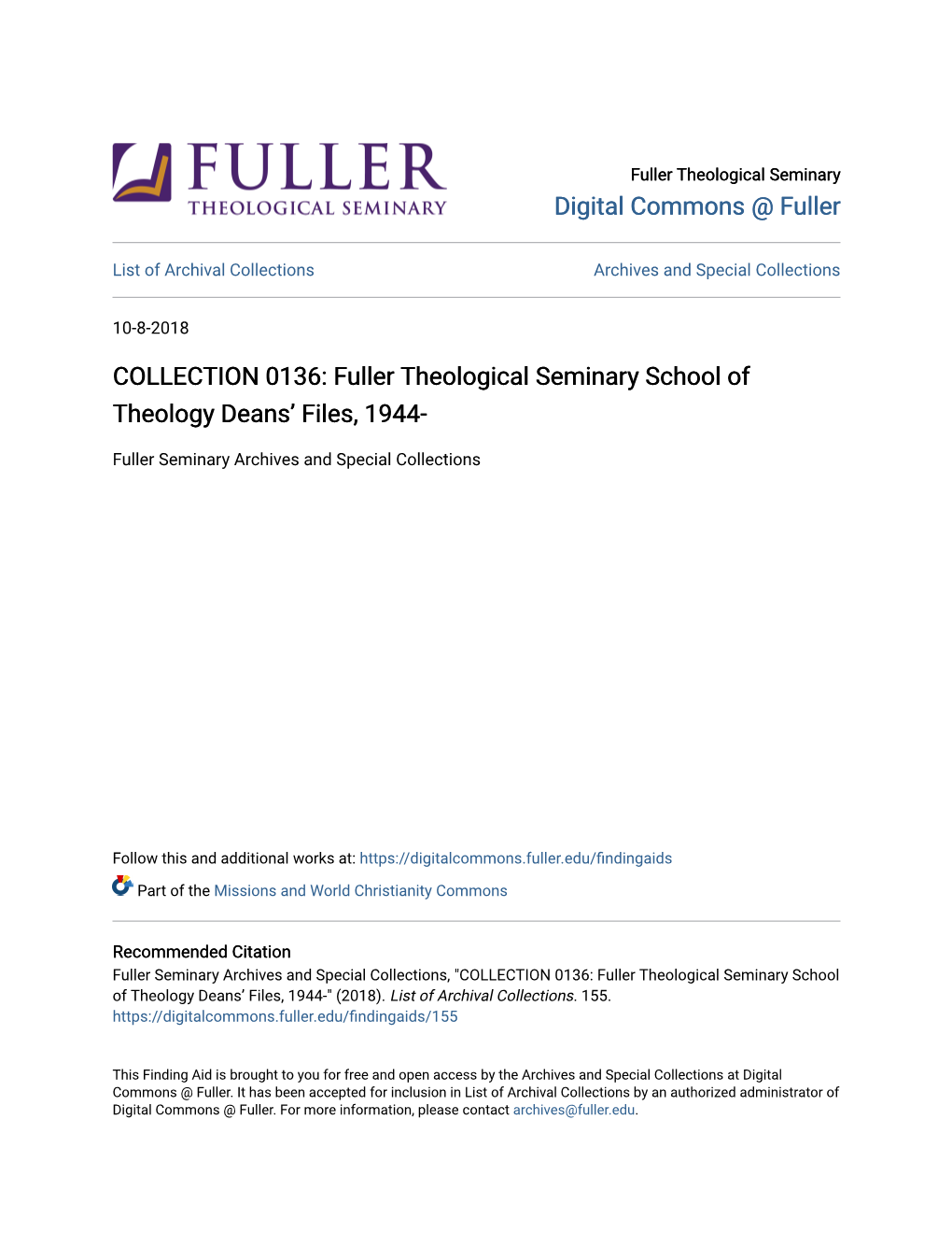 Fuller Theological Seminary School of Theology Deans’ Files, 1944