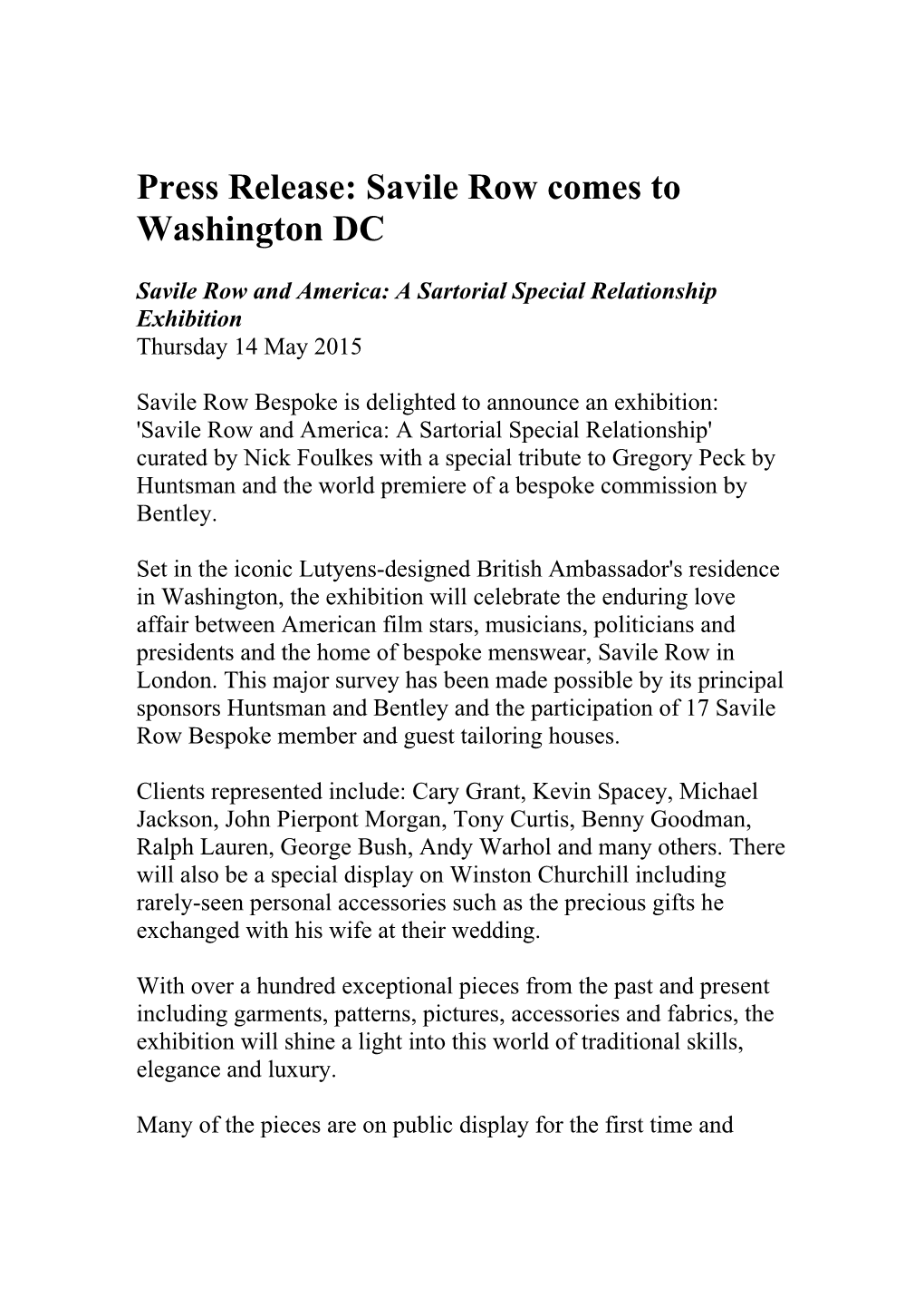 Press Release: Savile Row Comes to Washington DC