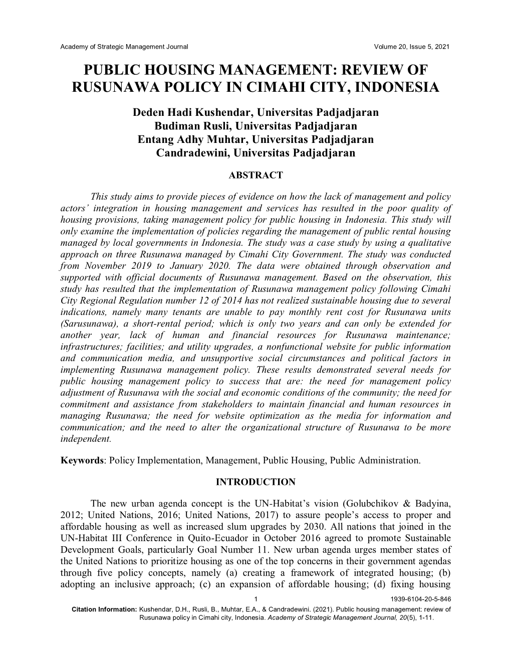 Public Housing Management: Review of Rusunawa Policy in Cimahi City, Indonesia