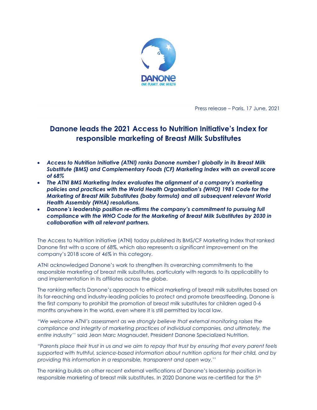 Danone Leads the 2021 Access to Nutrition Initiative's Index For