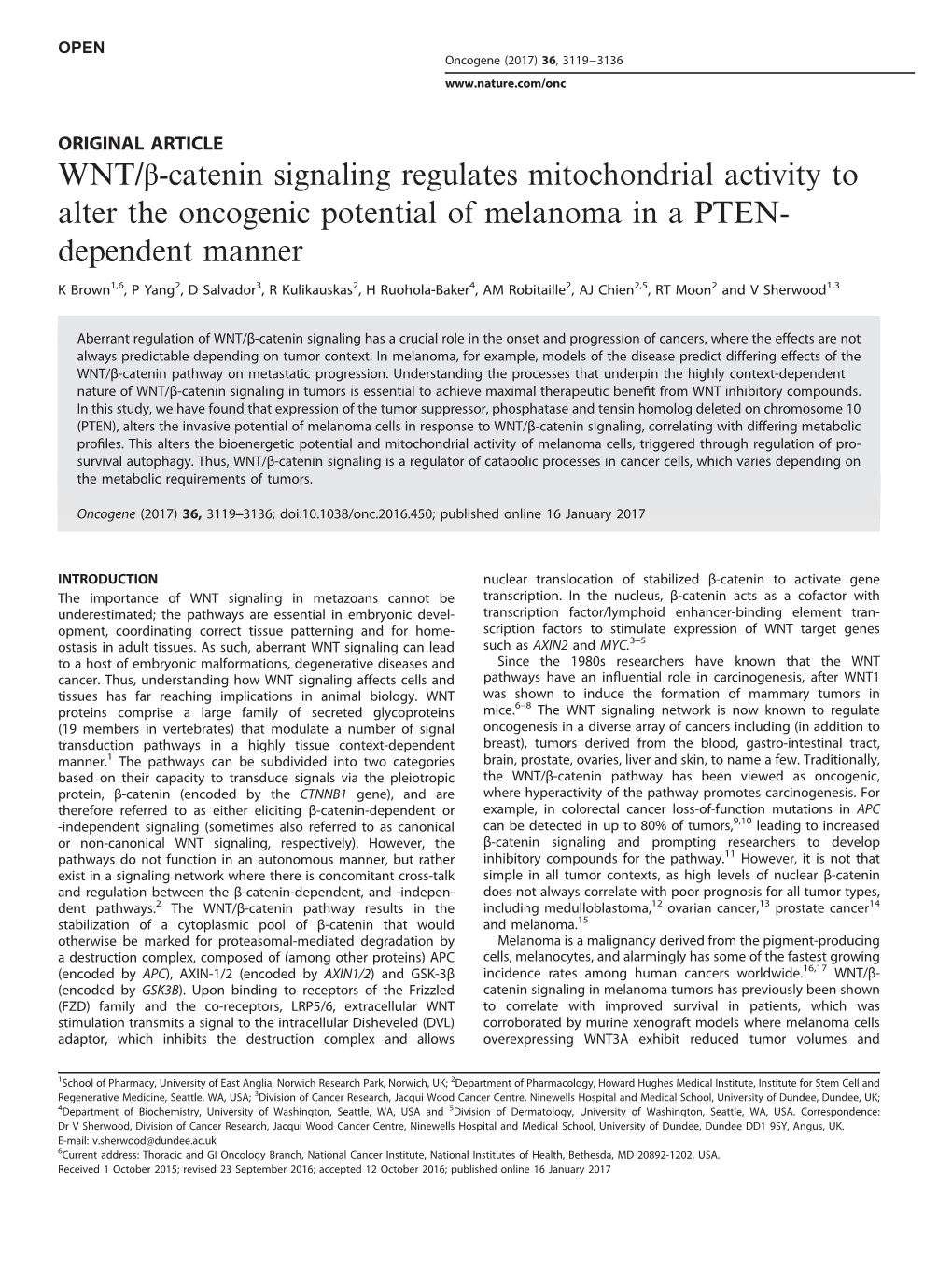 Catenin Signaling Regulates Mitochondrial Activity to Alter the Oncogenic Potential of Melanoma in a PTEN- Dependent Manner