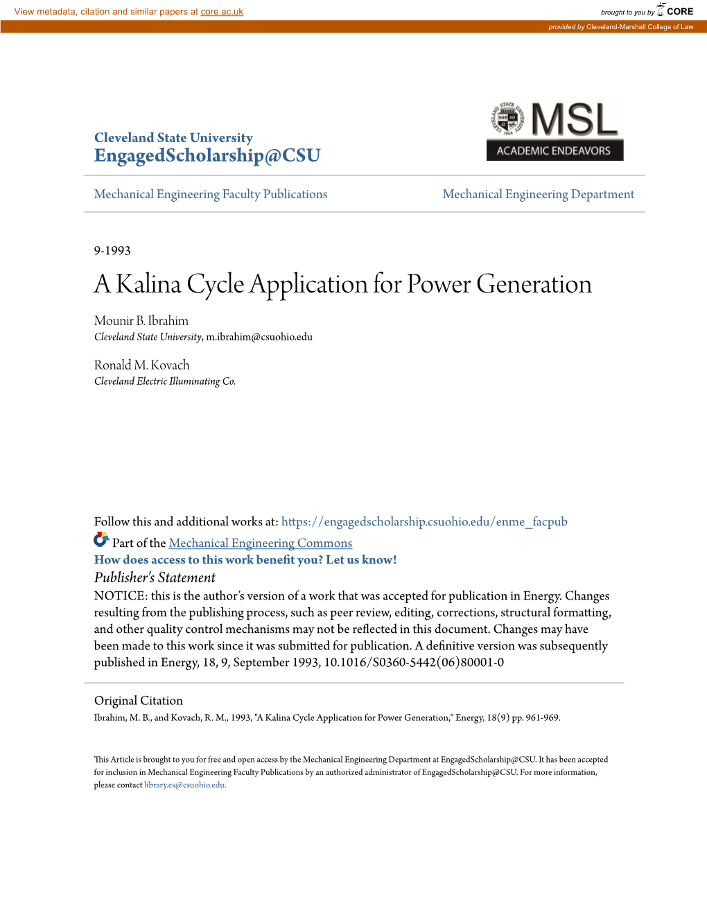 A Kalina Cycle Application for Power Generation Mounir B