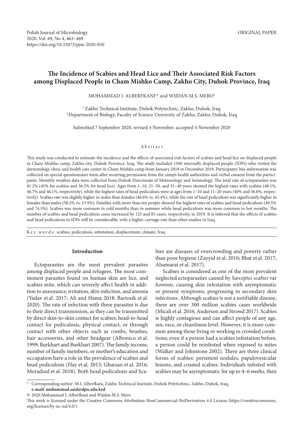 E Incidence of Scabies and Head Lice and ˜Eir Associated Risk Factors