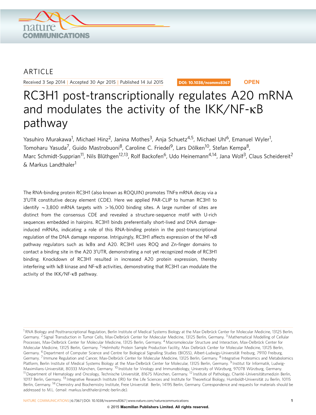 RC3H1 Post-Transcriptionally Regulates A20 Mrna and Modulates the Activity of the IKK/NF-Kb Pathway