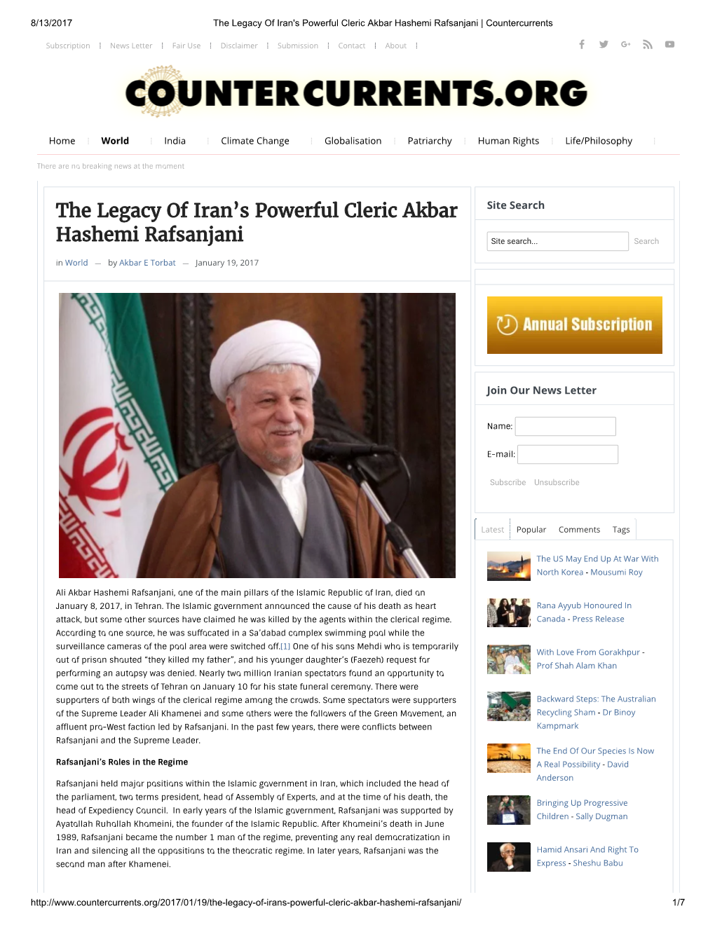 The Legacy of Iran's Powerful Cleric Akbar Hashemi Rafsanjani | Countercurrents