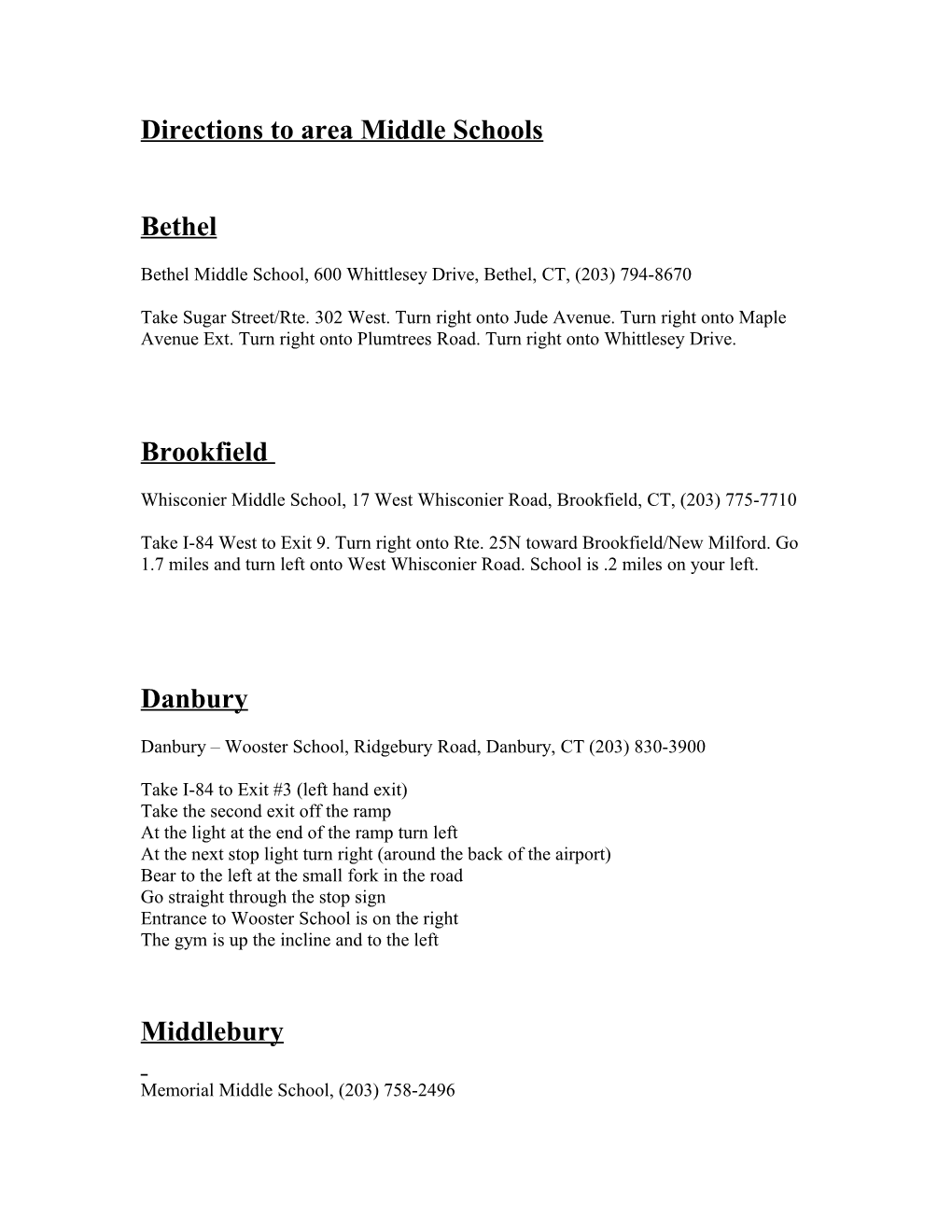 Directions to Area Middle Schools