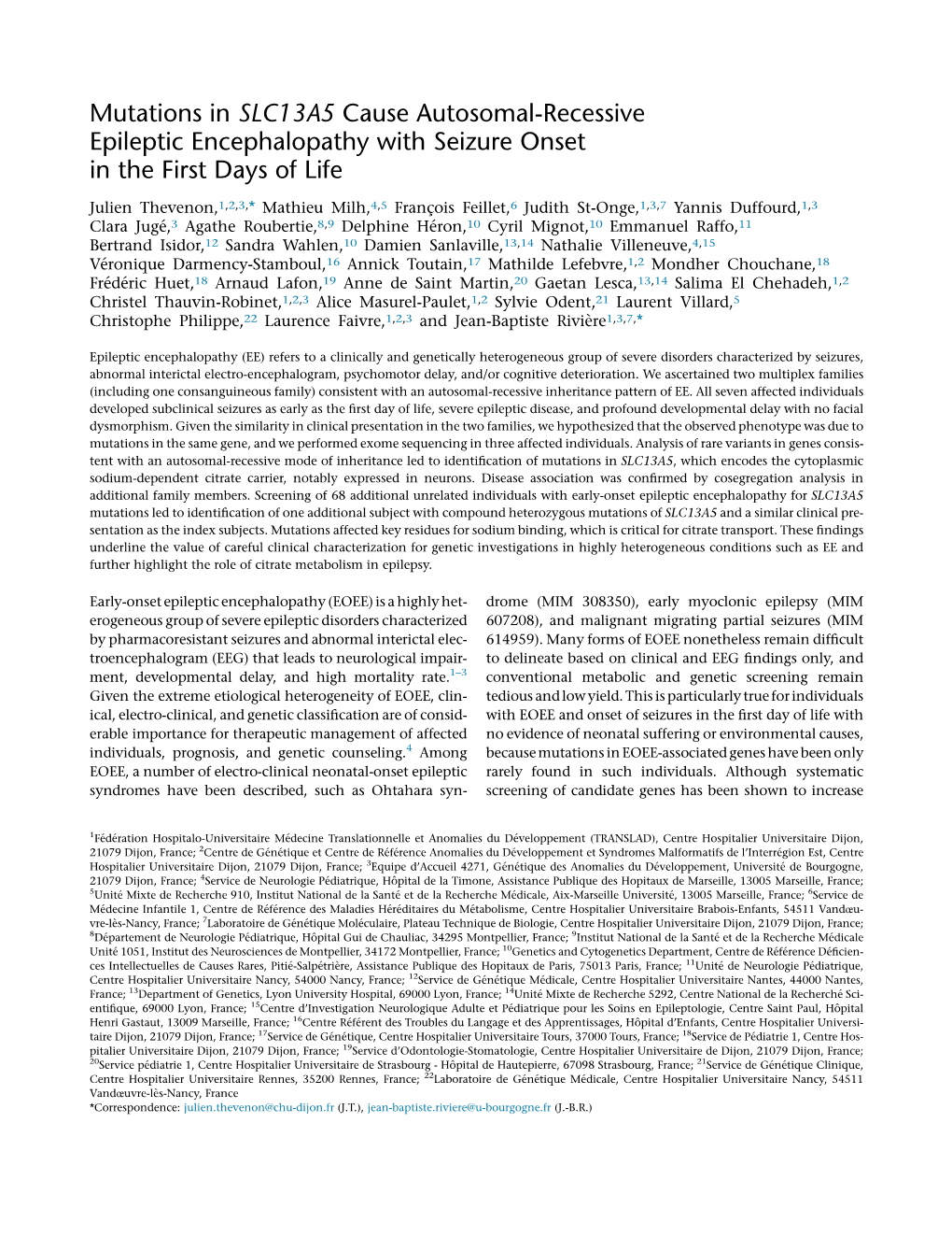 Mutations in SLC13A5 Cause Autosomal-Recessive Epileptic Encephalopathy with Seizure Onset in the First Days of Life