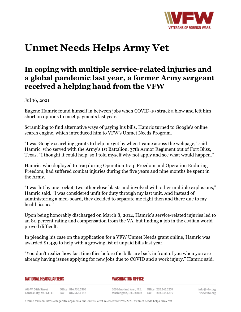 Unmet Needs Helps Army Vet