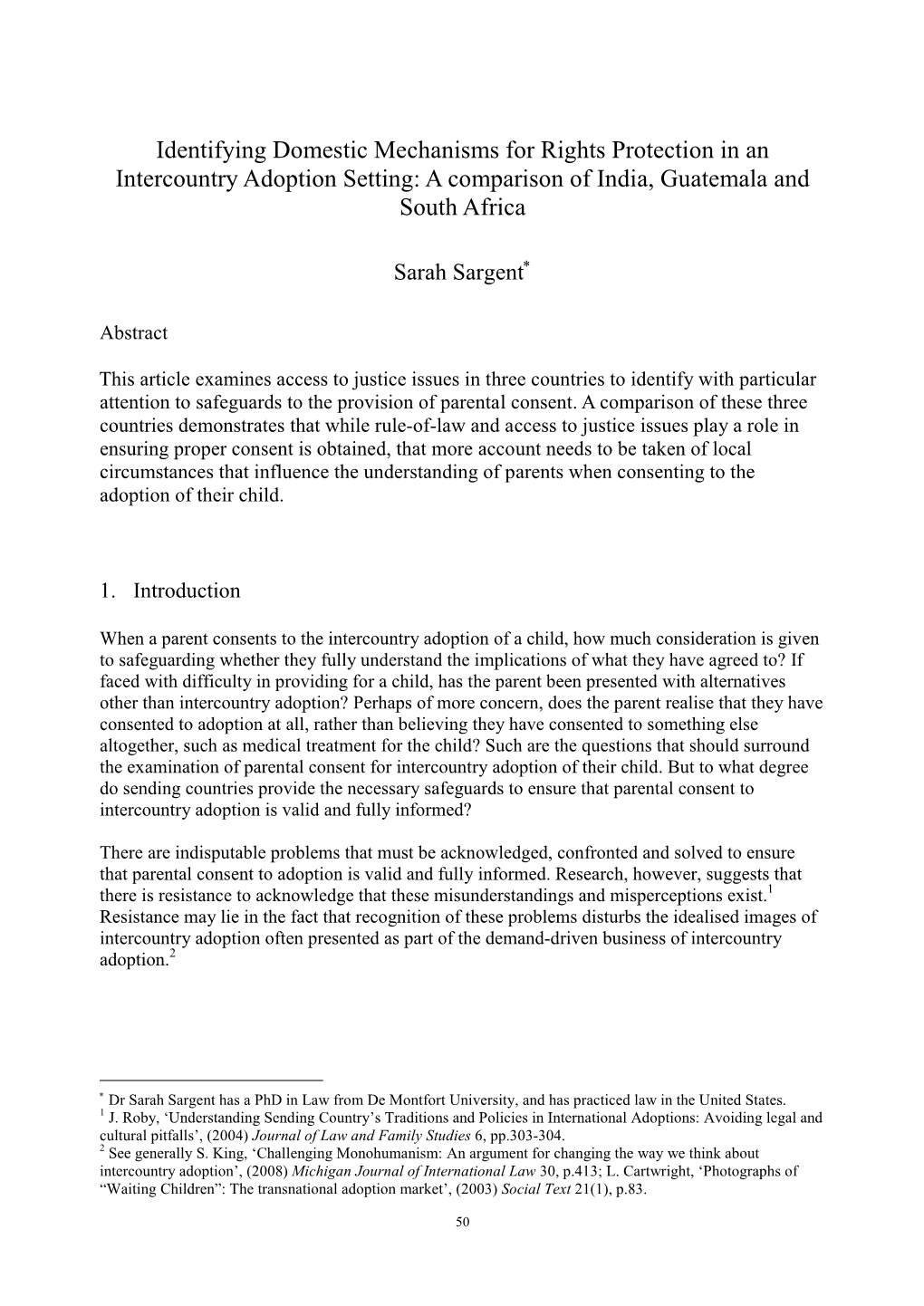 Identifying Domestic Mechanisms for Rights Protection in an Intercountry Adoption Setting: a Comparison of India, Guatemala and South Africa