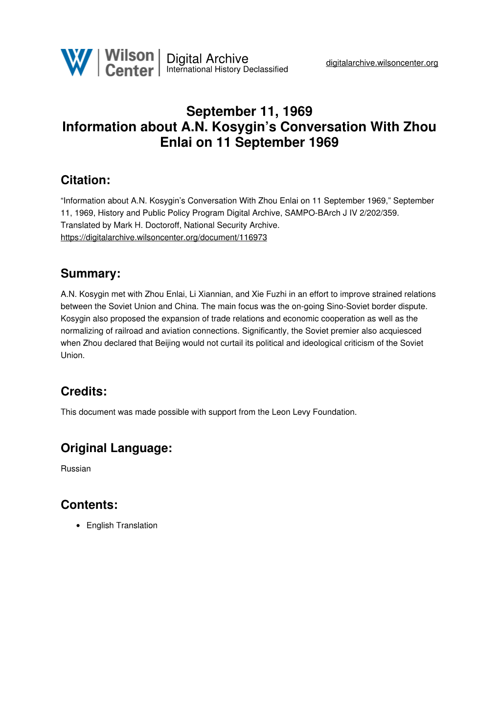 September 11, 1969 Information About A.N. Kosygin's Conversation With