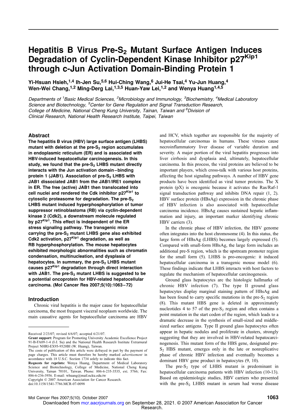 Hepatitis B Virus Pre-S2 Mutant Surface Antigen Induces Degradation of Cyclin-Dependent Kinase Inhibitor P27kip1 Through C-Jun Activation Domain-Binding Protein 1