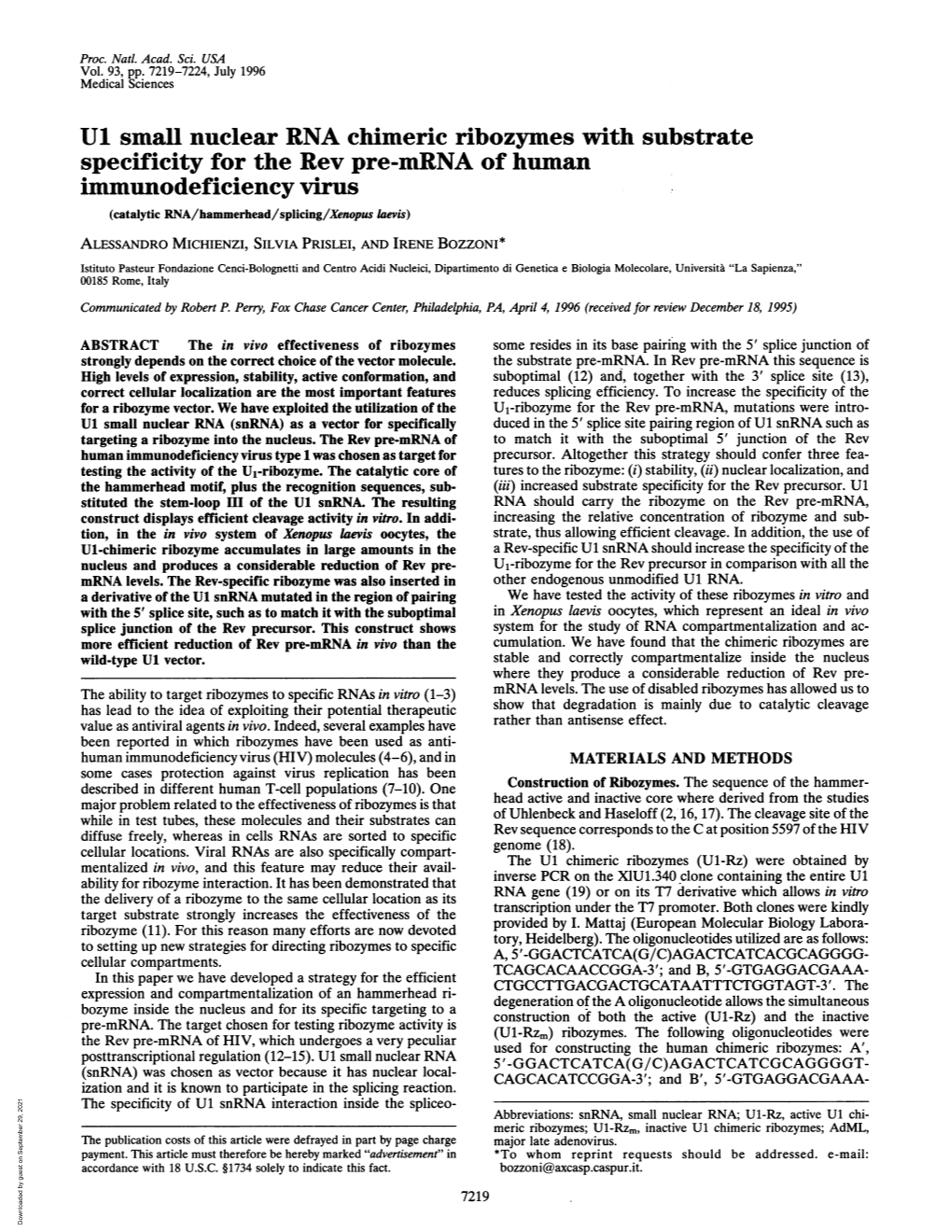 Specificity for the Rev Pre-Mrna of Human Immunodeficiency Virus