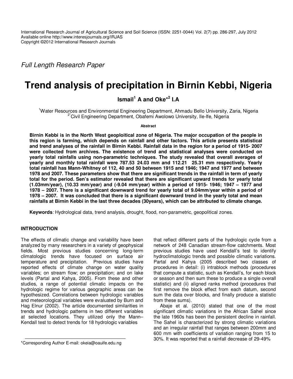 Trend Analysis of Precipitation in Birnin Kebbi, Nigeria