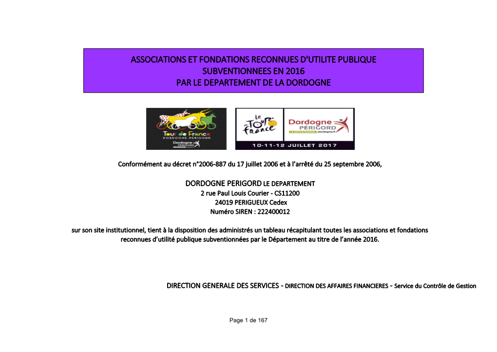 Associations Et Fondations Reconnues D'utilite Publique Subventionnees En 2016 Par Le Departement De La Dordogne
