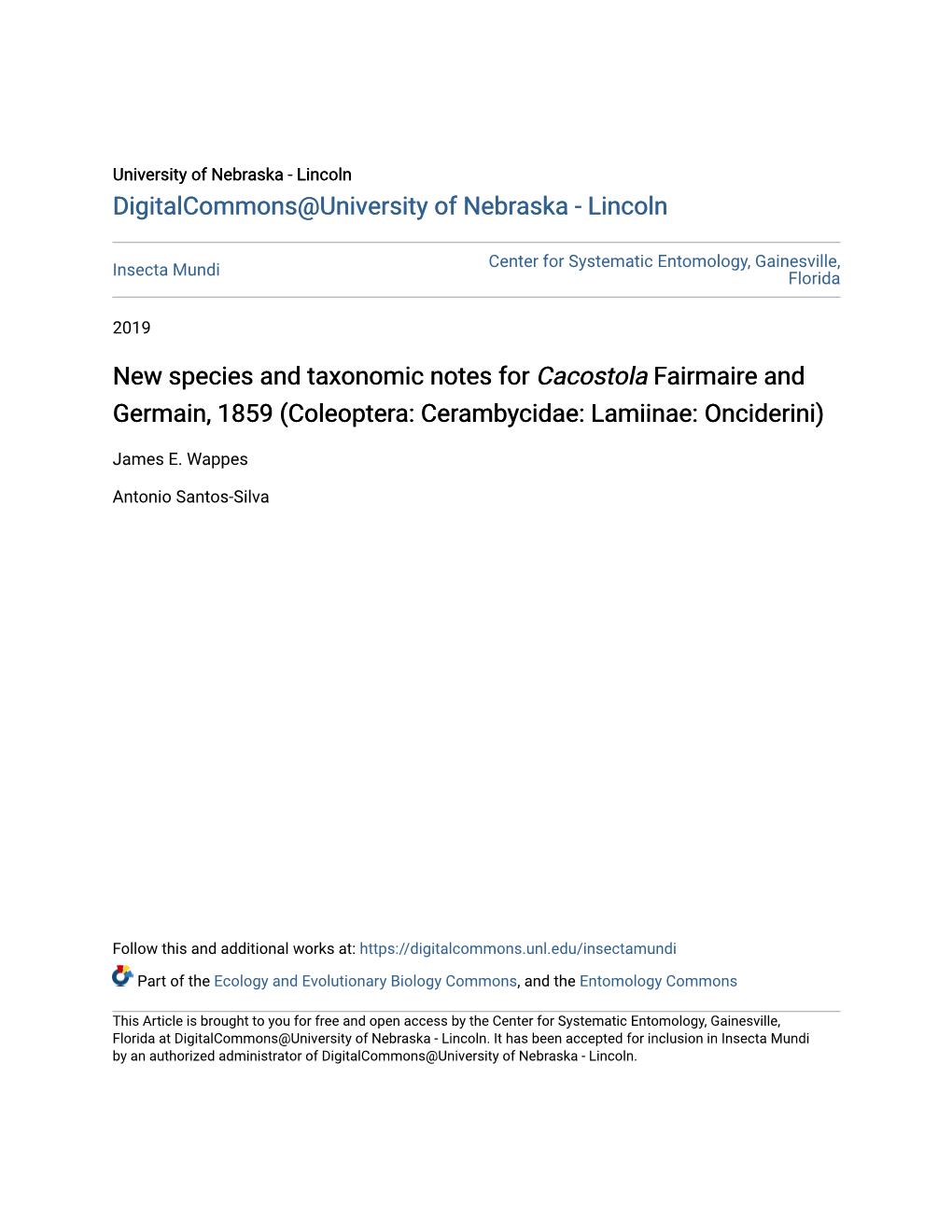 New Species and Taxonomic Notes for &lt;I&gt;Cacostola&lt;/I&gt; Fairmaire And