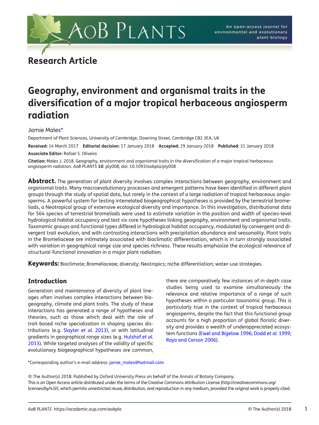 Geography, Environment and Organismal Traits in the Diversification of a Major Tropical Herbaceous Angiosperm Radiation