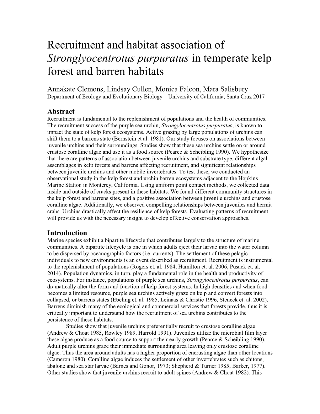 Recruitment and Habitat Association of Stronglyocentrotus Purpuratus in Temperate Kelp Forest and Barren Habitats