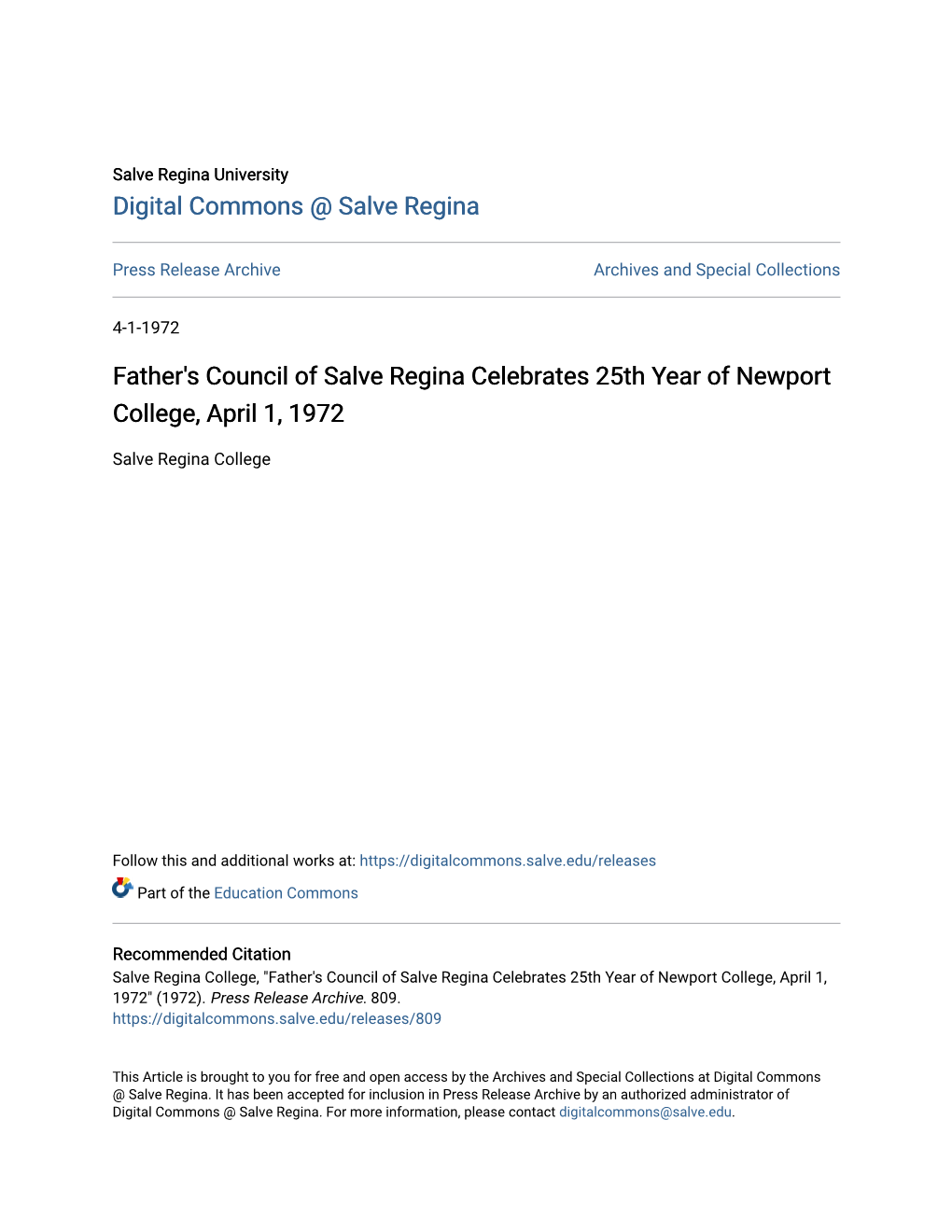 Father's Council of Salve Regina Celebrates 25Th Year of Newport College, April 1, 1972