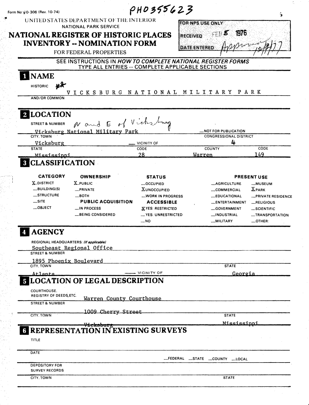 Nomination Form for Federal Properties See Instructions in Howto Complete National Register Forms Type All Entries -- Complete Applicable Sections