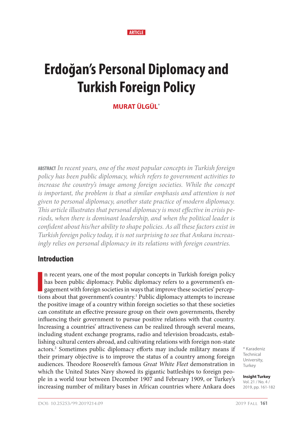 Erdoğan's Personal Diplomacy and Turkish Foreign Policy