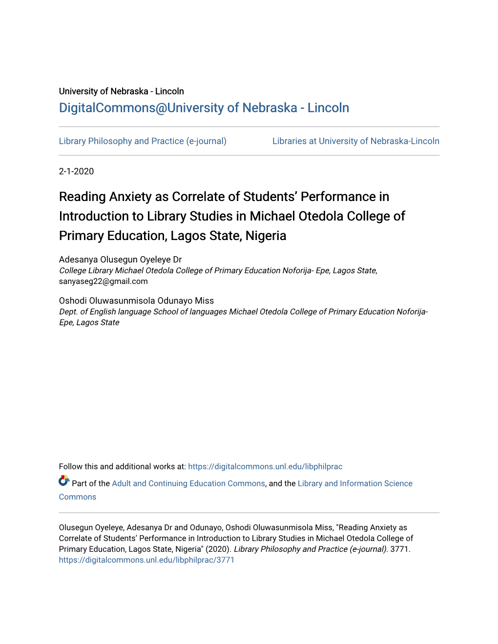 Reading Anxiety As Correlate of Students' Performance in Introduction to Library Studies in Michael Otedola College of Primary